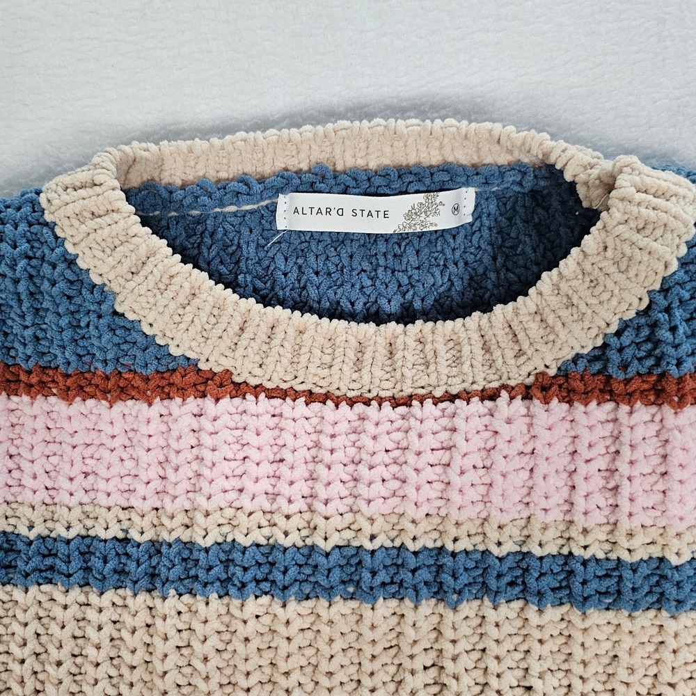 Altar'd State Womens Chenille Striped Cropped Sweater Blue Pink SYD6404JN-A Med - Picture 1 of 10